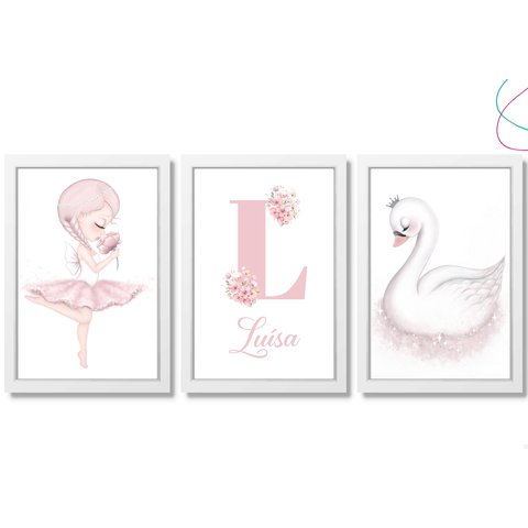 Quadros Decoração Quarto Menina Bailarina e Cisne com Vidro:branca