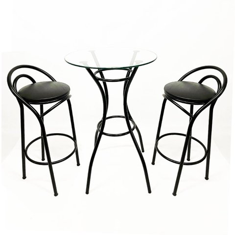 Jogo de Mesa Nina Bistrô Altura 92cm com Vidro + 2 Banquetas Cozinha Redonda cor Preta Poltronas do 