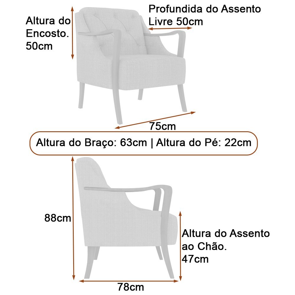 Poltrona Decorativa 75cm Zoe Linho Off White com Bege - Sallar Home - 4