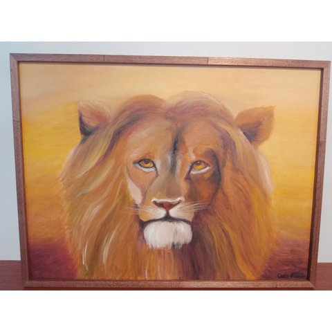 QUADRO EM TELA COM MOLDURA PINTADO A OLEO DE LEÃO