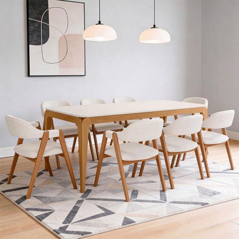 Mesa Retangular Tampo de Vidro Claris 180cm Ypê Off White N01 com 8 Cadeiras Nadja Linho Cru - Lyam