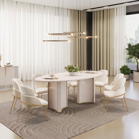Conjunto Sala de Jantar Liz Tampo Elipse com Vidro Orgânico 218cm com 8 Cadeiras Vitta Bege/Off White/Perola