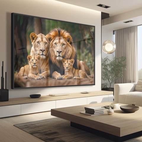 Quadro Decorativo Retrato Família Leão Leoa com Dois Filhotes Sala Quarto Casa Escritório