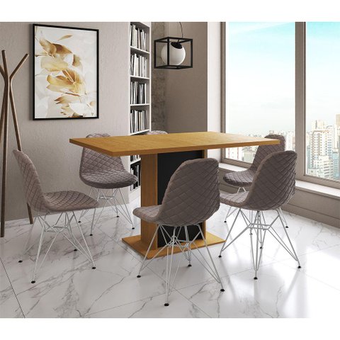 Mesa Jantar Londres Retangular Canela 137x90 Base Preta 6 Cadeiras Estofadas Nude Médio Ferro