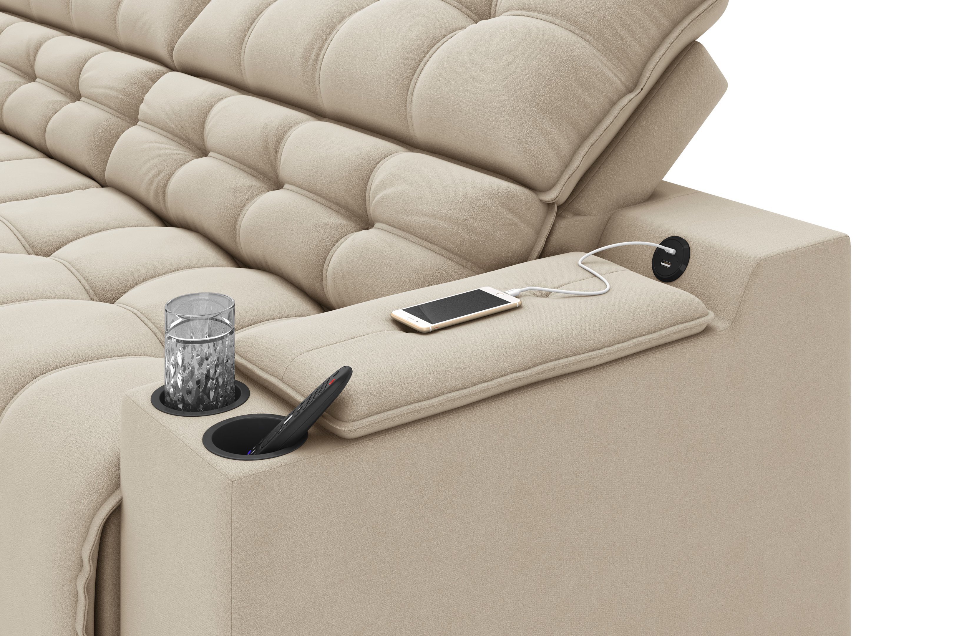Sofá Connect Premium 2,30m Assento Retrátil/reclinável com Porta Copos e Entrada Usb Suede Capuccino - 3