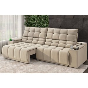 Sofá Connect Premium 2,30m Assento Retrátil/reclinável com Porta Copos e Entrada Usb Suede Capuccino