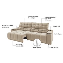 Sofá Connect Premium 2,30m Assento Retrátil/reclinável com Porta Copos e Entrada Usb Suede Capuccino - 2