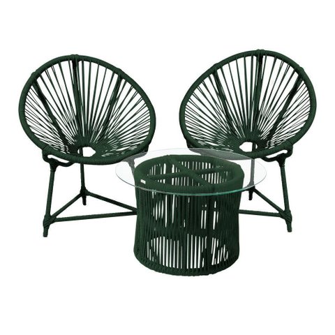 Conjunto 2 Poltronas e Mesa de Centro com Tampo de Vidro em Aço e Corda Náutica Verde Makuni