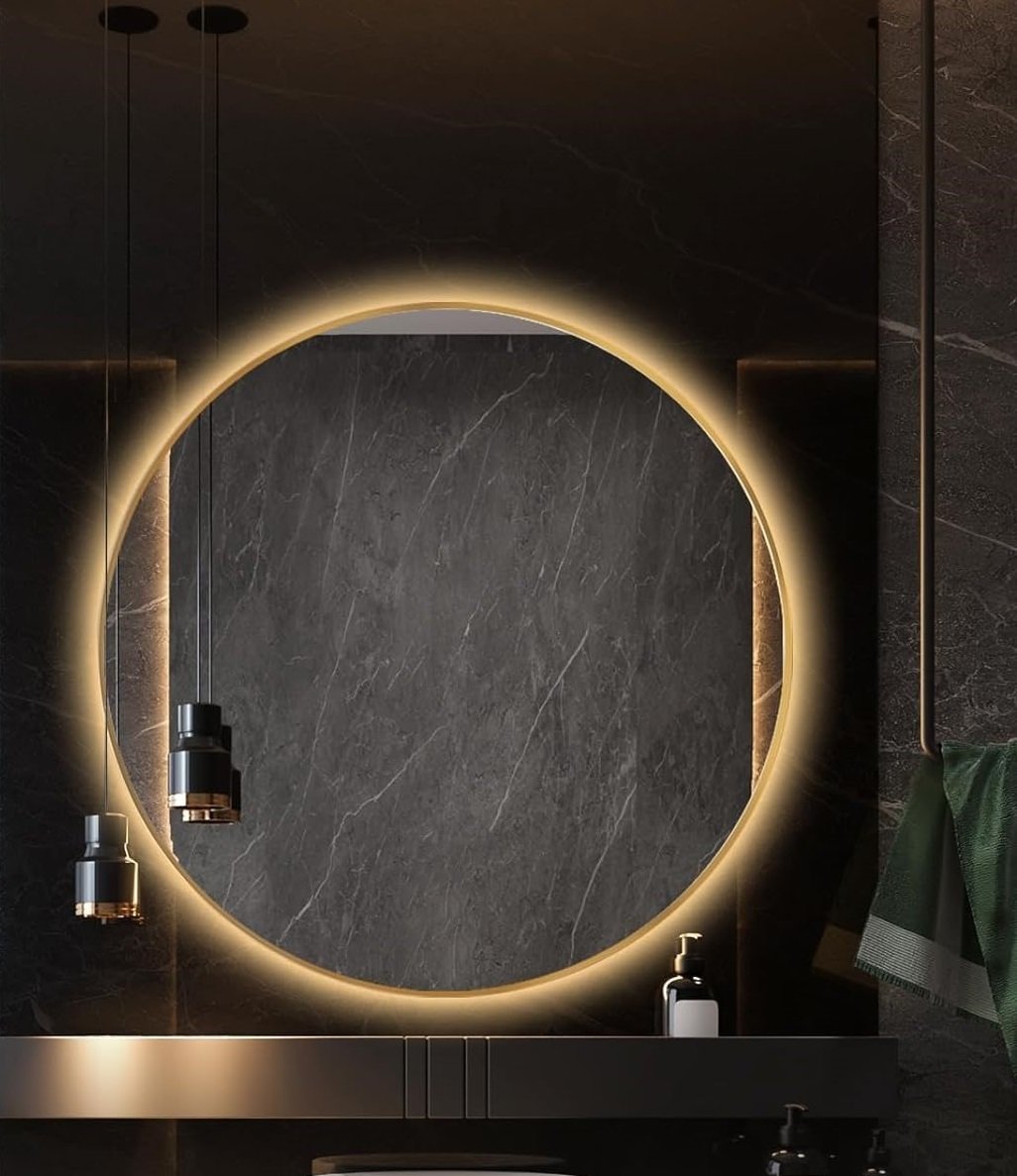 Espelho Redondo com Moldura Dourada Iluminado com Led Quente 80cm - 2