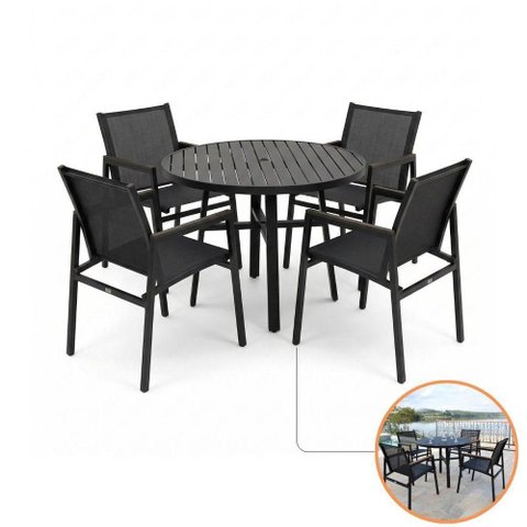 Conjunto Mesa Redonda 1,00m e 4 Cadeiras Verona Premium Alumínio com Braço em Madeira Preto Nossa