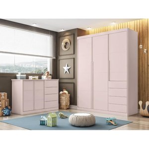 Conjunto Quarto Infantil Pérola com Guarda Roupa 3 Portas 4 Gavetas e Cômoda Rosê - Phoenix Baby