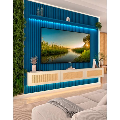 Conjunto Módulo Home Painel Ripado Nicho Suspenso Palina 230 Cor:Offwhite/Azulroyal