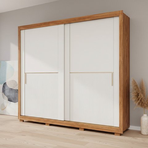 Guarda-Roupa 2 Portas com Pé e Espelho Interno de Correr 269cm 100% MDF Diamantina Espresso Móveis Bege/Cinamomo/Off White/Grafiatto