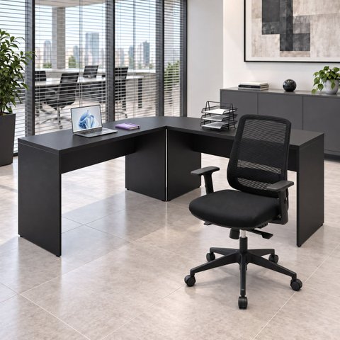Mesa de Escritório em L 120x60cm com Conexão + Cadeira de Escritório Netflex Ergonômica Reclinável
