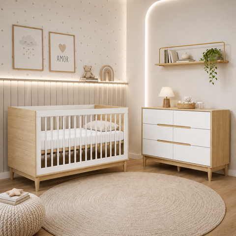 Berço Americano e Cômoda Infantil 6 Gavetas Branco com Carvalho Linha Tomi Quater