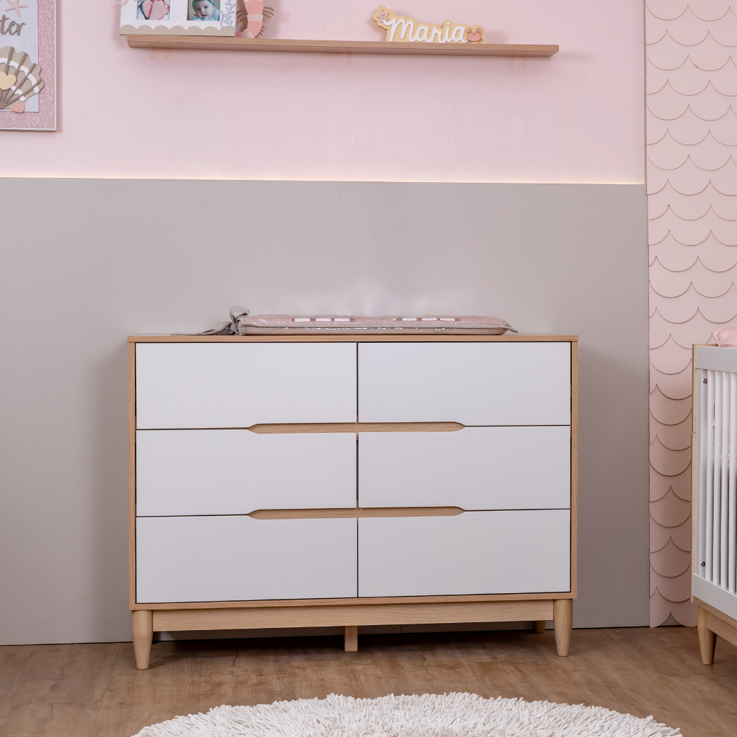 Berço Americano e Cômoda Infantil 6 Gavetas Branco com Carvalho Linha Tomi Quater - 4
