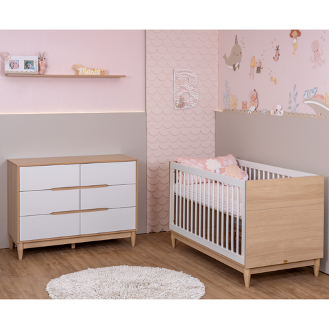 Berço Americano e Cômoda Infantil 6 Gavetas Branco com Carvalho Linha Tomi Quater
