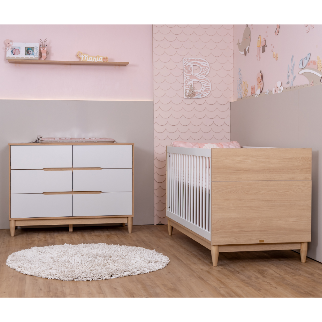 Berço Americano e Cômoda Infantil 6 Gavetas Branco com Carvalho Linha Tomi Quater - 2