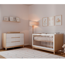 Berço Americano e Cômoda Infantil 6 Gavetas Branco com Carvalho Linha Tomi Quater - 1