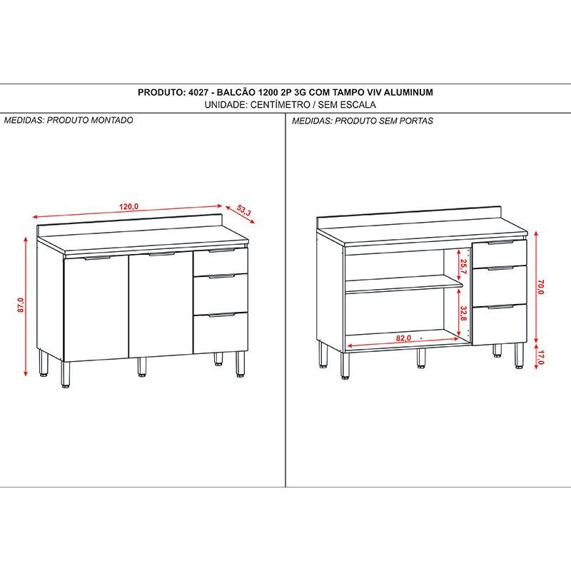 Balcão de Cozinha Viv Aluminum 120 Cm 2 Portas e 3 Gavetas Freijó Vanilla com Tampo - Kits Paraná - 3