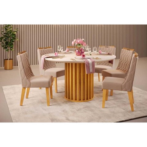 Sala de Jantar Completa Viena C/ Tampo Madeirado C/ Vidro 136x136cm e 6 Cadeiras Bia Cedro/off White