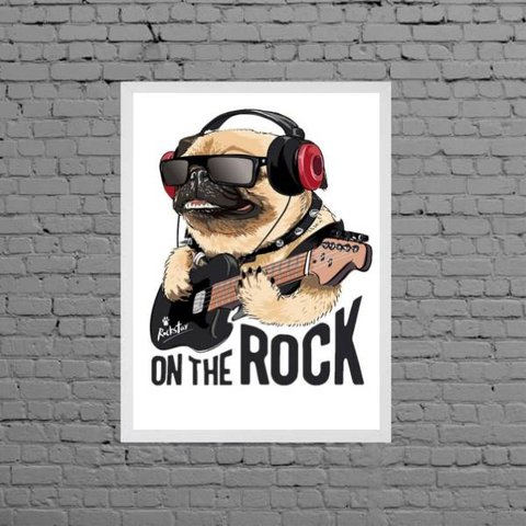 Quadro Decorativo Pug On The Rock 24x18cm - com vidro:Madeira branca