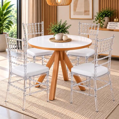 Conjunto Mesa Dallas Redonda 90 cm Branca + 4 Cadeiras Tiffany Cristal com Assento Branco