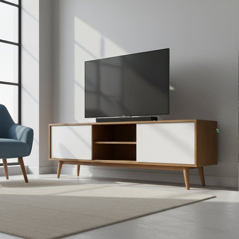 Rack para TV até 75 Polegadas MDF 180cm Pés em Madeira Maciça 2 Portas Correr Origem