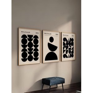Kit 3 Quadros Decorativos Bauhaus Preto e Branco Minimalista No1 - Moldura Preta