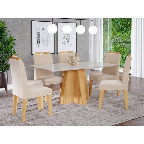 Mesa para Sala de Jantar Patricia 160 cm com 6 Cadeiras Paola Cimol Nature/Off White/Nude Mesa Patri