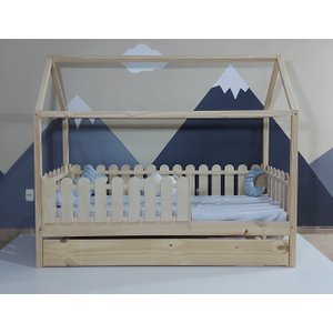 Bicama Solteirão Casinha Montessoriana Madeira Maciça Pinus - Verniz Incolor - Grade Cercadinho Comp