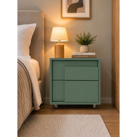 Mesa de Cabeceira com 2 Gavetas e Rodízios de Silicone Verde Jade Moderna e Funcional