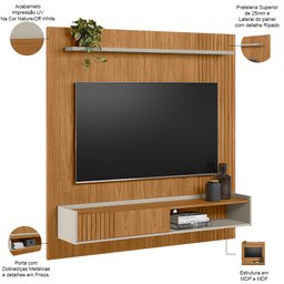 Painel para Tv 65 Pol com Bancada Suspensa 160cm Brooklin L05 Nature Off White - Lyam Decor - 4