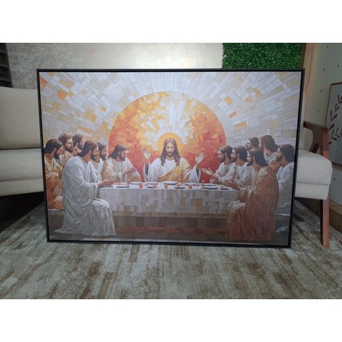Quadro 130x90cm Santa Ceia Geométrica Rod Canvas Brilho Moldura Flutuante Preta