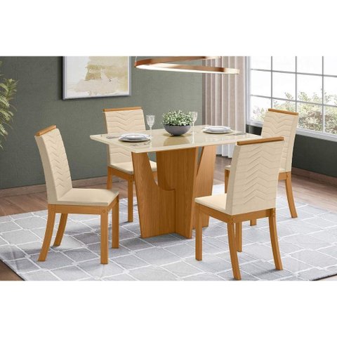 Sala de Jantar Completa Vértice Tampo Madeirado C/ Vidro Canto Reto 120x80cm e 4 Cadeiras Isa