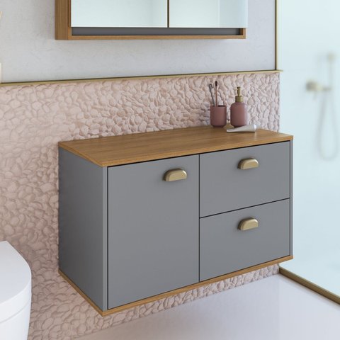 Gabinete de Banheiro 1 Porta 2 Gavetas 100% MDF 80cm sem Cuba Lívia Yescasa Cinza/Freijó/Urbi