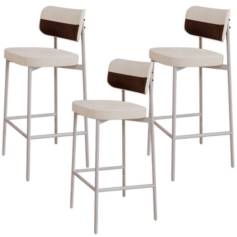 Kit 03 Banquetas Alta Bar Cozinha Sala de Jantar Aço Branco Kaira C01 Linho Palha Courino Whisky - L