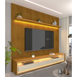 Rack com Painel 2.2 com LED Requinte Naturale com Off White - Gelius Móveis