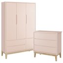 Ver imagem 1 de Jogo de Quarto Classic Guarda Roupa 3 Portas e Cômoda 3 Gavetas Rosa Fosco com Pés Madeira Natural -