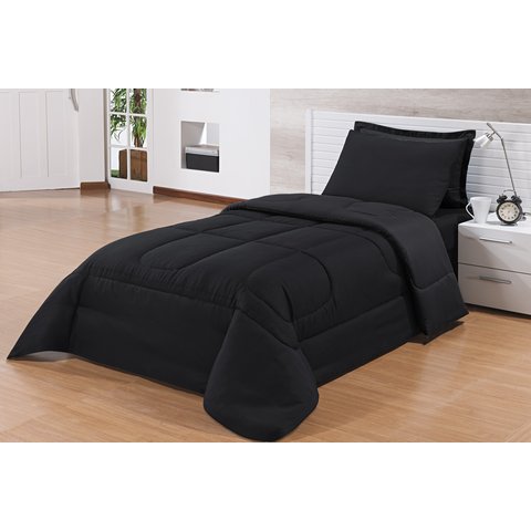 Kit Edredom Solteiro 4 Peças Pérola Preto/preto