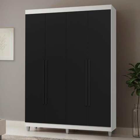 Guarda-Roupa Solteiro com Pés 4 Portas Batentes Branco/Preto/Preto Netuno Madesa