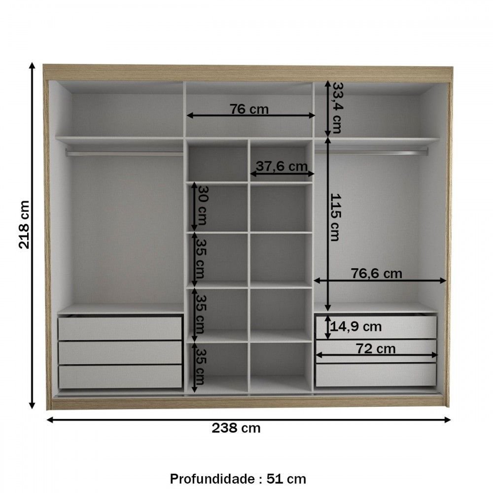 Guarda-roupa Casal Cardial 3 Portas 6 Gavetas com Espelho Cinamomo