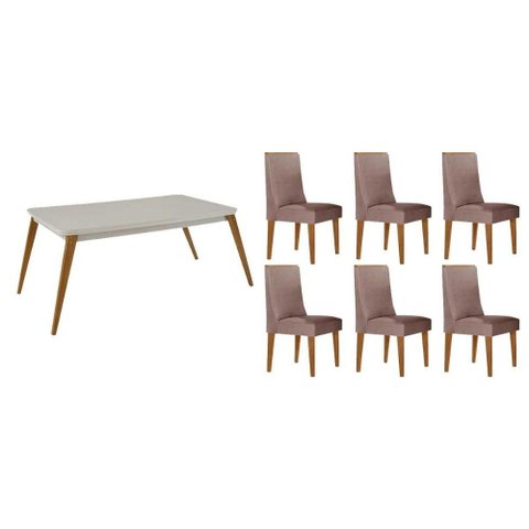 Conjunto: Mesa Sala Jantar Havana Tampo c/ Vidro Curvo 180cm+6 Cadeiras Dakota Madeira Naturale/Off