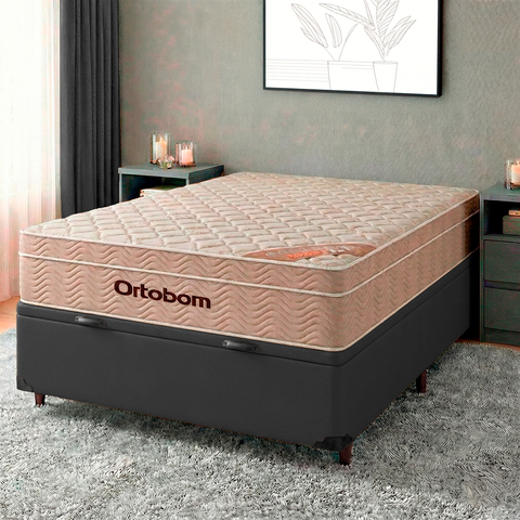 Cama + Bau Cinza e Colchão Molas Ensacadas Casal - Airtech Ortobom