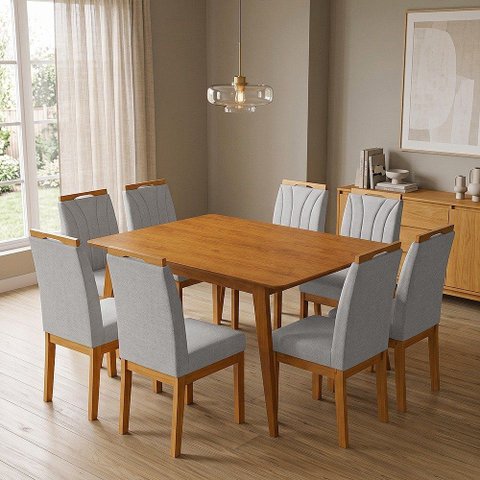 Conjunto Mesa Retangular 120x90 com 8 Cadeiras Blend Sala de Jantar Moderna Premium Luxo Cinza