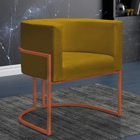 Poltrona Reforçada Decorativa Sala Nayara Base Ferro Bronze Suede Mostarda