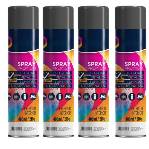 Tinta Spray 400ml Preto Fosco Uso Geral em Aço Ferro Gesso Cerâmica Couro | Universo | Kit 04 Un