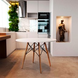 Mesa Redonda de Jantar Eames Eiffel 90cm Branca Base Madeira Maciça - 1