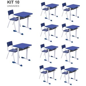 Kit 10 Conjuntos Escolar Individual Juvenil/adulto com Porta Livros Cor Azul