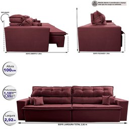 Sofá Retrátil e Reclinável 2,92m Luxos Cama Inbox Velusoft Vinho - 3